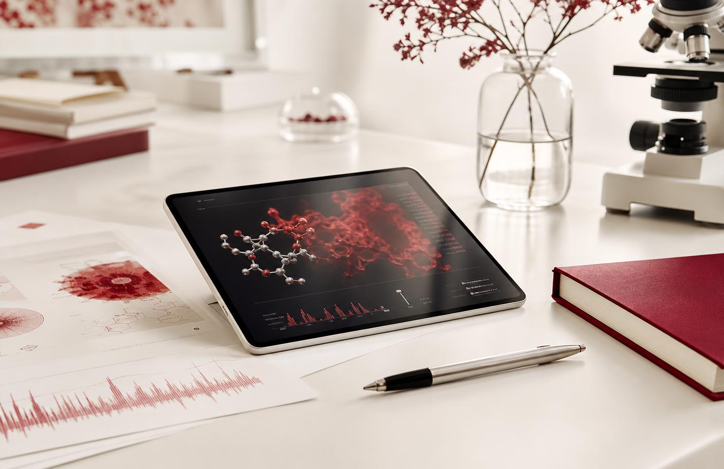 Research workspace with tablet data visualizations and scientific charts